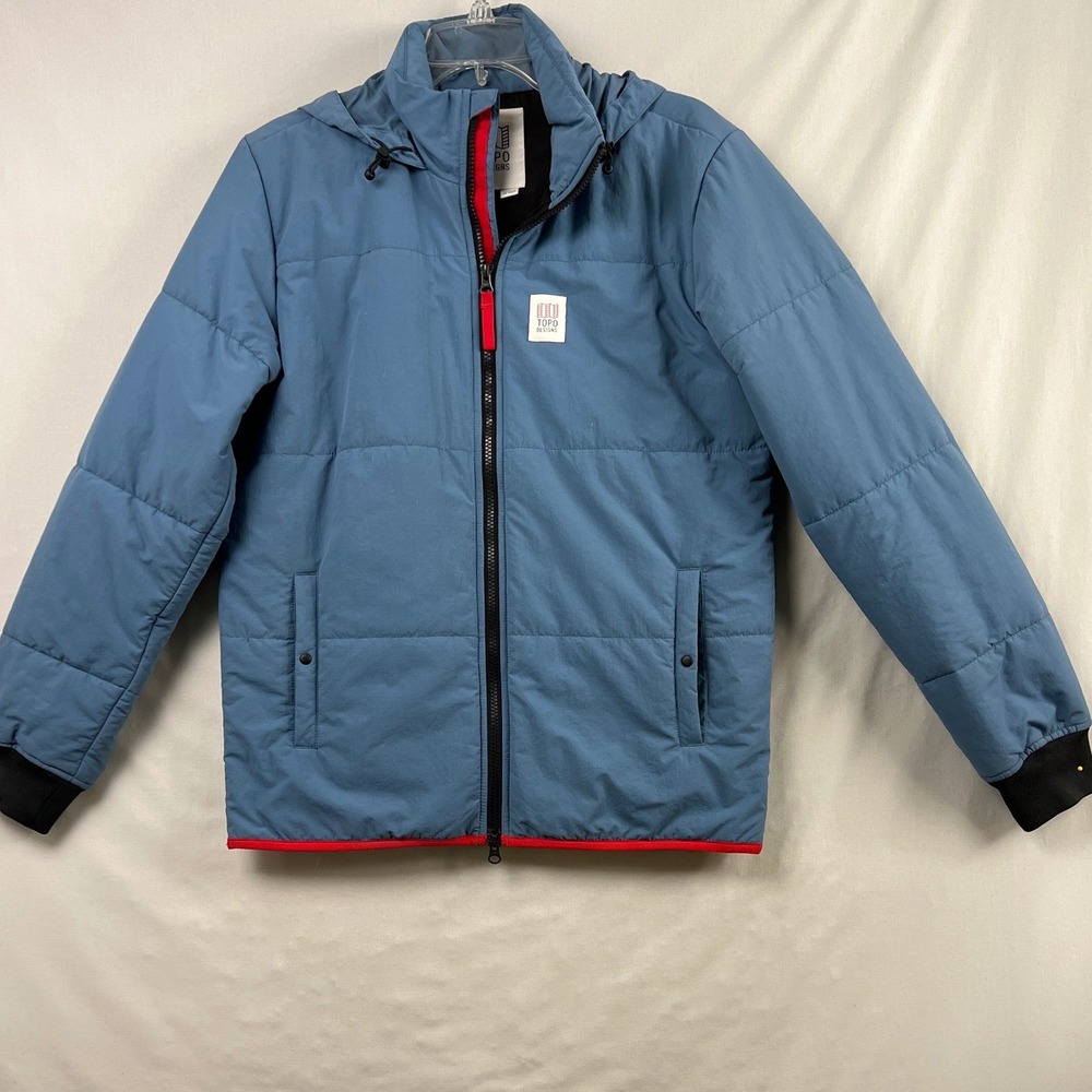 Topo Designs Puffer Jacket Mens Small Blue Red Recycled Nylon Hooded Quilted Zip